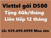Sim Viettel gói D500, Tặng 4Gb/tháng liên tiếp 12 tháng